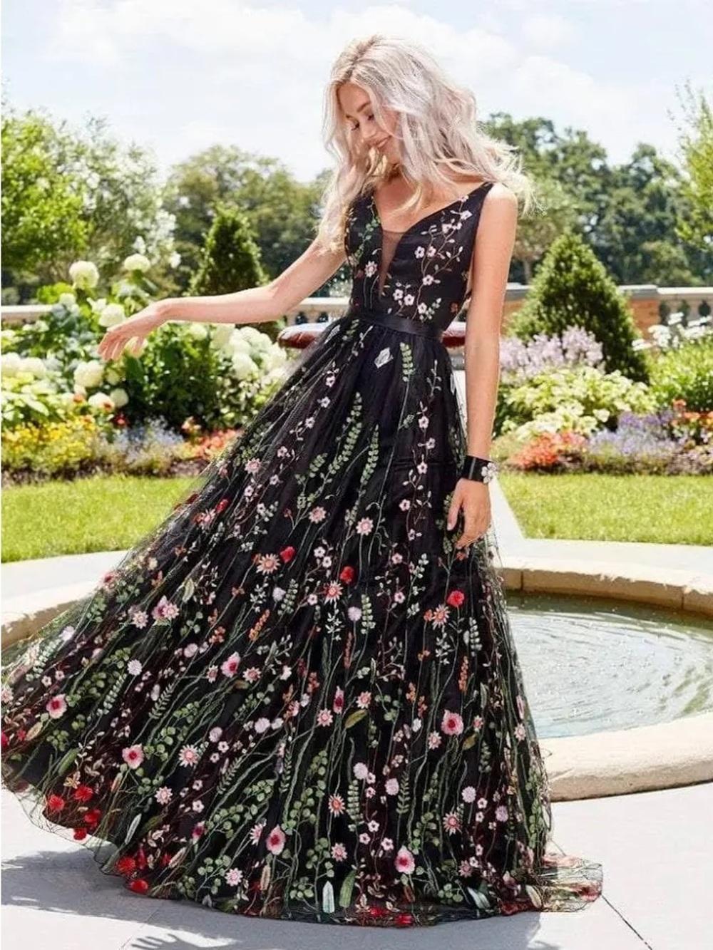 Clarissa Black Floral Embroidered Tulle Gown